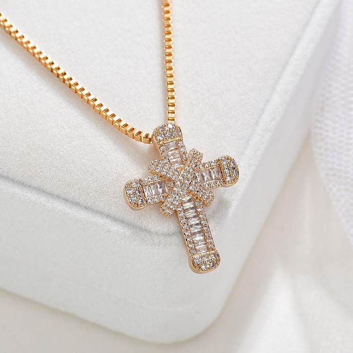 Fashion Cross Copper Inlay Zircon Pendant Necklace