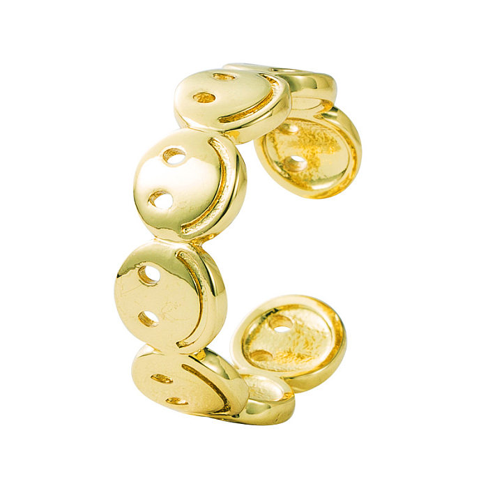 Anel de ouro real banhado a zircônia micro incrustada de latão da moda com abertura ajustável para rosto sorridente anel de hip hop