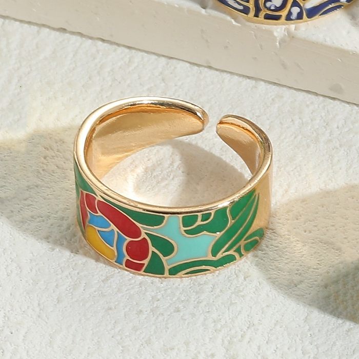 Simple Style Classic Style Totem Copper Asymmetrical Enamel Plating 14K Gold Plated Open Rings