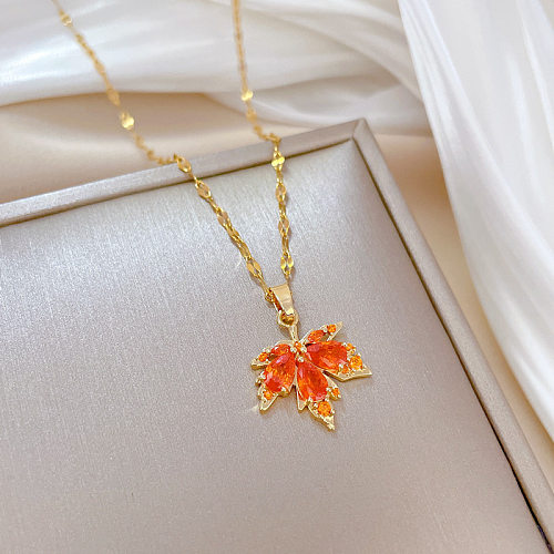 Retro Maple Leaf Titanium Steel Copper Inlay Rhinestones Necklace