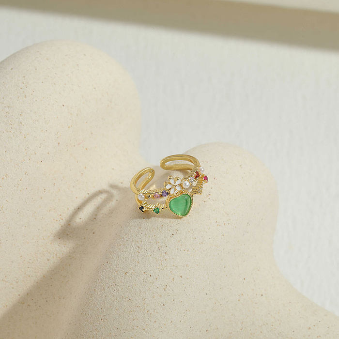 Elegante formato de coração doce chapeamento de cobre incrustado opala zircão anéis abertos banhados a ouro 14K