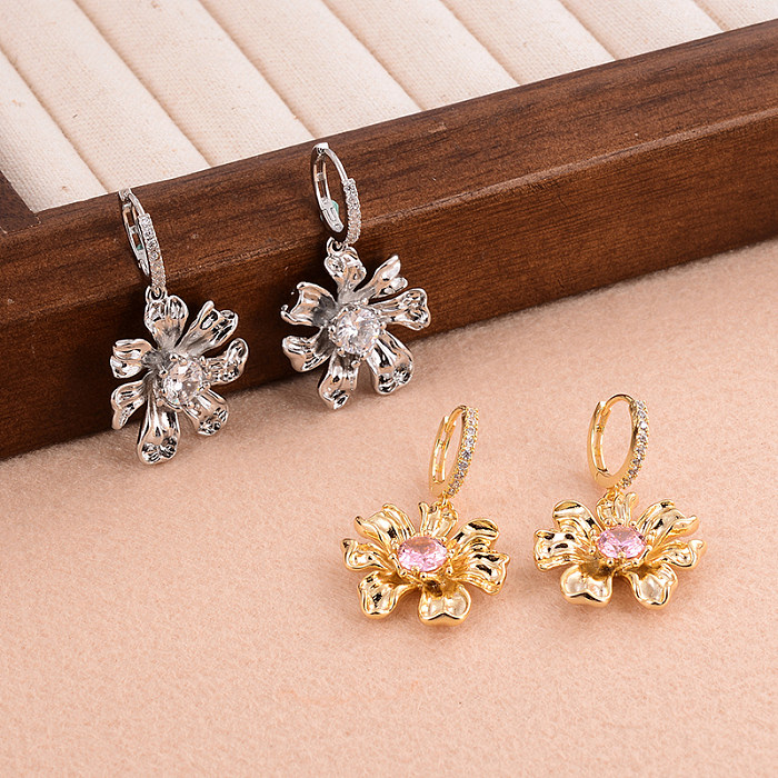 1 Pair Glam Flower Plating Inlay Copper Zircon Gold Plated Drop Earrings