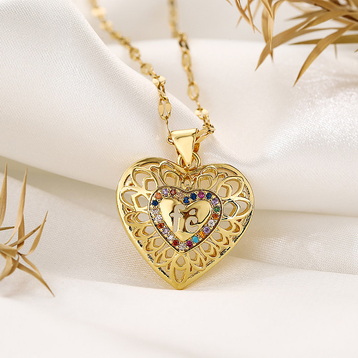 Vintage Style Simple Style Commute Heart Shape Copper Plating Inlay Zircon 18K Gold Plated Pendant Necklace