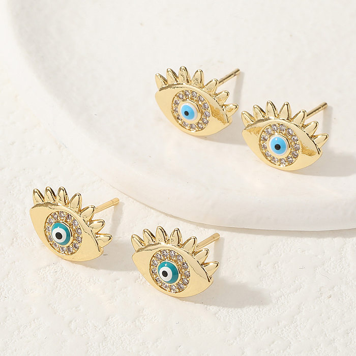 Retro Geometric Devil'S Eye Copper Ear Studs Inlay Zircon Copper Earrings