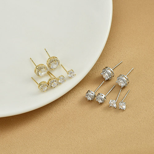 3 Pairs Simple Style Round Copper Inlay Zircon Ear Studs
