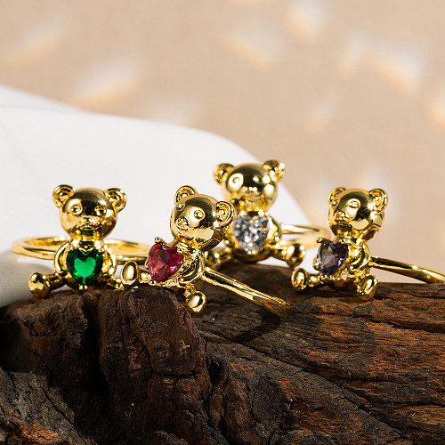 Anneaux ouverts mignons en forme de cœur d'ours doux en cuivre et Zircon plaqués or