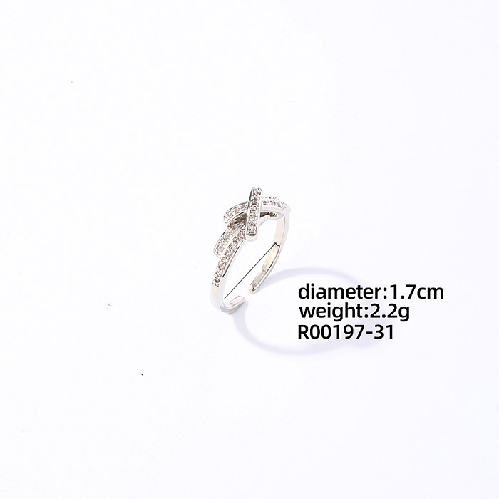 Casual Sweet Shiny Bow Knot Copper Plating Inlay Zircon White Gold Plated Open Rings