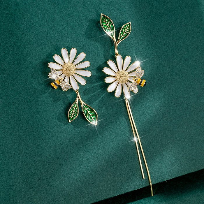 1 Paar elegante süße Blumen-Bienen-Ohrringe mit Emaille-Beschichtung, Kupfer-Zirkon, 18 Karat vergoldet
