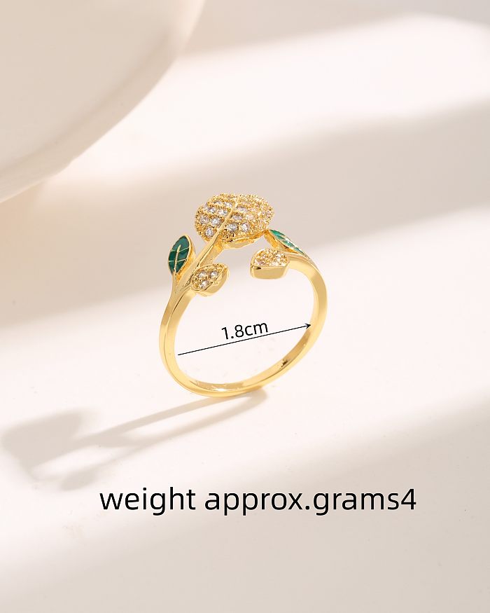 Luxurious Leaves Copper Plating Inlay Zircon 18K Gold Plated Rings