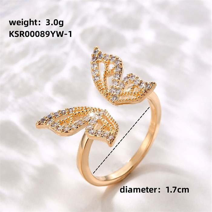 Elegante doce brilhante borboleta chapeamento de cobre incrustação zircão rosa banhado a ouro anéis abertos