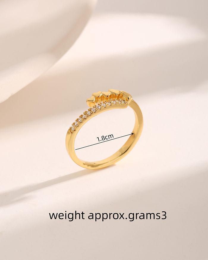 Básico doce estilo simples formato de coração cobre cruzado chapeamento cruzado zircão 18K anéis abertos banhados a ouro