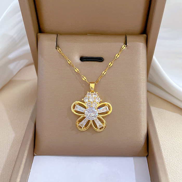 Classic Style Round Flower Stainless Steel Copper Plating Pendant Necklace