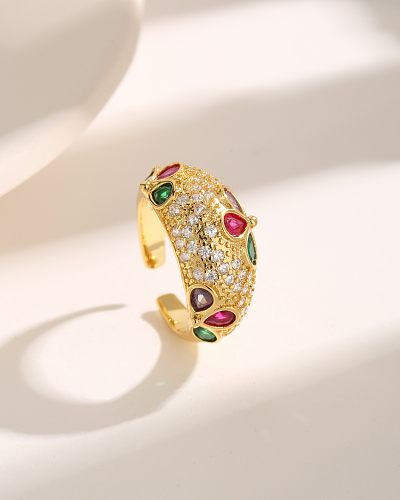 Vintage Style Petal Copper Plating Inlay Zircon 18K Gold Plated Rings