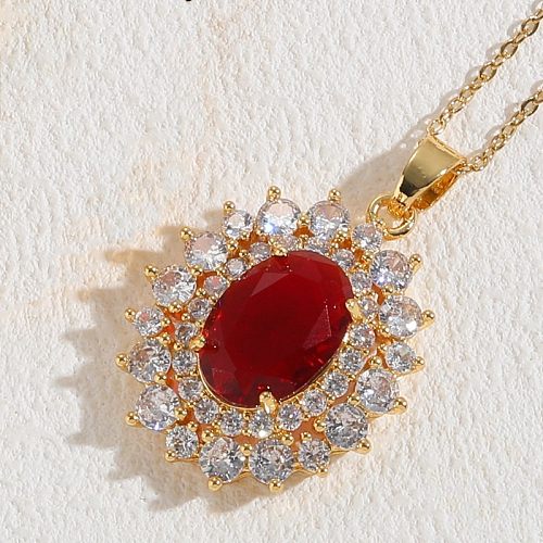 Elegant Oval Copper Plating Inlay Zircon 14K Gold Plated Pendant Necklace