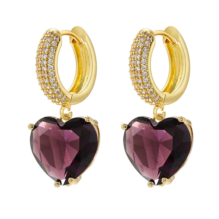 1 paire de boucles d'oreilles pendantes en forme de cœur, Style Simple et élégant, incrustation de cuivre et de Zircon plaqué or 18 carats