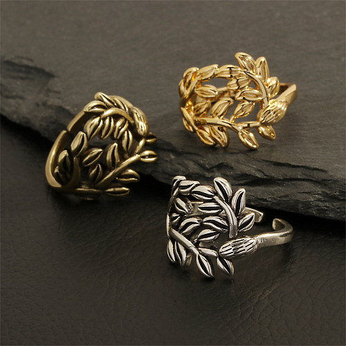 Style vintage hip-hop feuilles ancre placage de cuivre anneaux ouverts plaqués or 18 carats