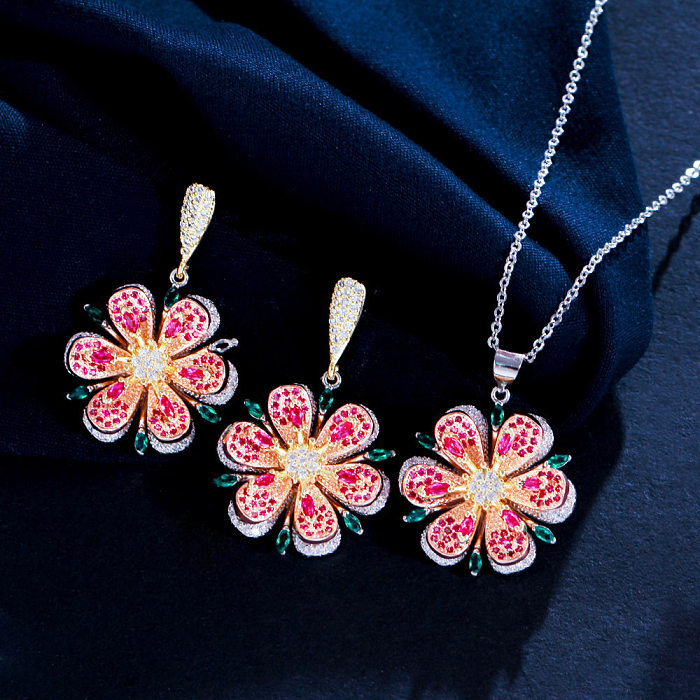 Élégant Streetwear fleur cuivre placage incrustation Zircon plaqué or Rose boucles d'oreilles collier