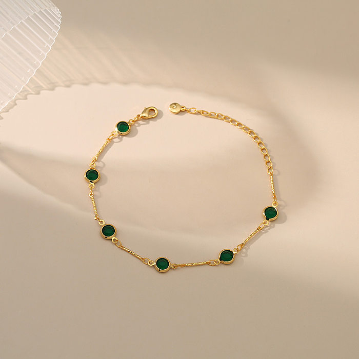 Pulseira transfronteiriça europeia e americana, nova, simples, pequena, fresca, design de nicho, banhada a cobre, ouro real 18K, pulseira de textura de zircão verde