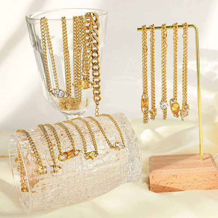 Collar de pulseras chapadas en oro con incrustaciones de acero inoxidable rectangulares con forma de corazón redondo de estilo Simple informal