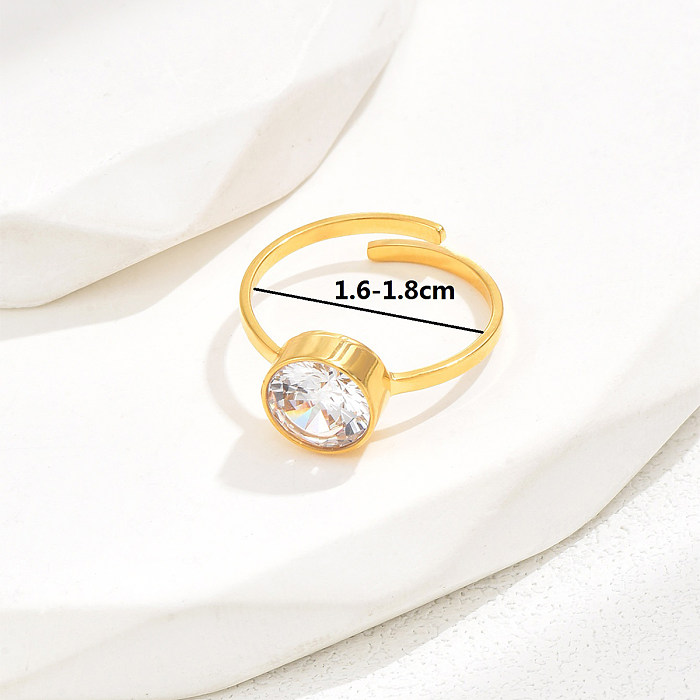 Eleganter, schlichter, glänzender, runder, quadratischer, offener Ring aus Edelstahl mit Zirkoneinlage und 18-karätiger Vergoldung