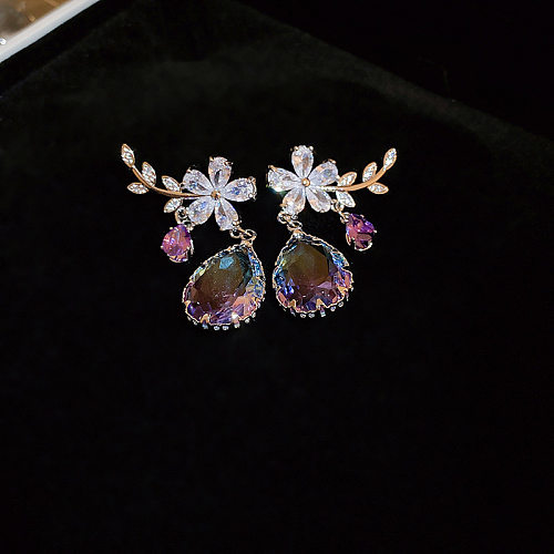 Boucles d'oreilles pendantes en Zircon avec incrustation de cuivre et de fleurs à la mode, 1 paire