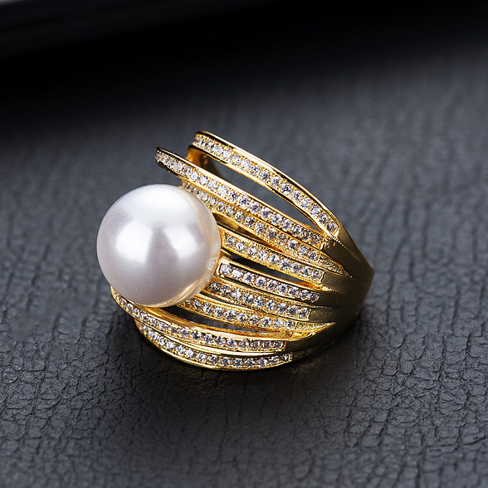 Baroque Style French Style Lines Copper Plating Hollow Out Inlay Artificial Pearls Zircon 18K Gold Plated Rings
