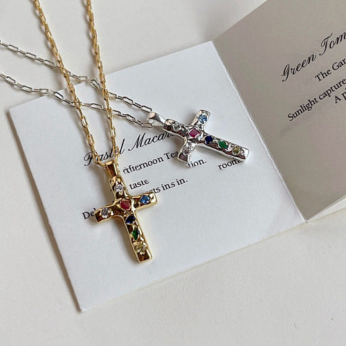 Streetwear Cross Copper Inlay Zircon Pendant Necklace