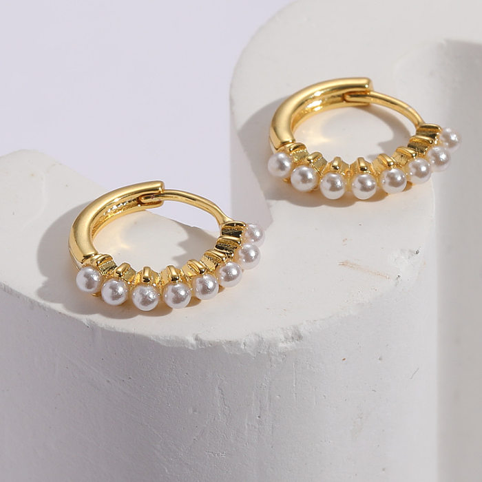 Boucles d'oreilles créoles géométriques en cuivre, 1 paire, perles incrustées, à la mode