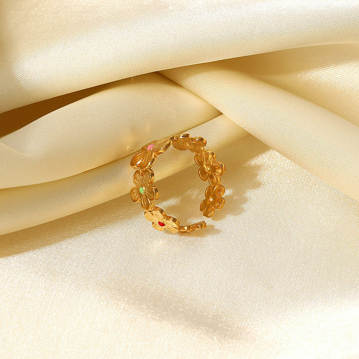 Neuer Edelstahl-Ring mit 18 Karat vergoldeter Tropfen-Emaille-Wasserdichtigkeit und farbenfrohen Blumen