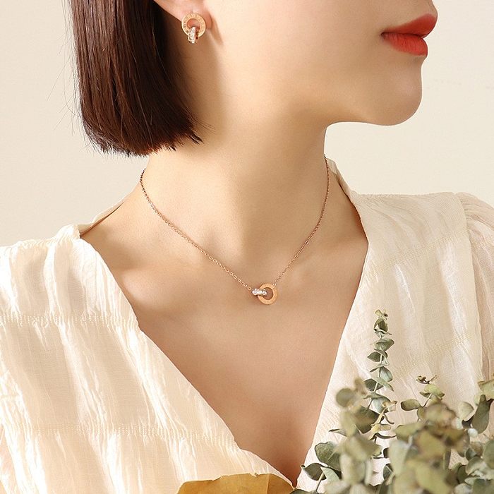 Fashion Roman Diamond Double Ring Earrings Necklace Titanium Steel Jewelry Set