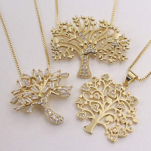 IG Style Basic Streetwear Tree Copper Gold Plated Zircon Pendant Necklace In Bulk