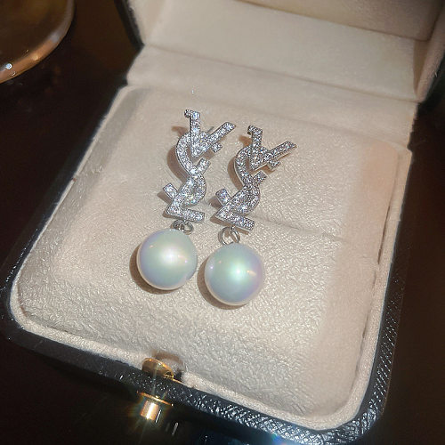 Boucles d'oreilles pendantes en Zircon avec lettres rétro, incrustation de cuivre, perles artificielles, 1 paire