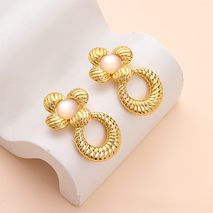1 Pair Retro Flower Plating Copper 18K Gold Plated Drop Earrings