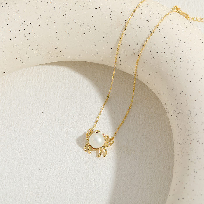 Style marin Style classique Streetwear étoile de mer conque crabe placage de cuivre incrustation de perles artificielles Zircon collier pendentif plaqué or 14 carats