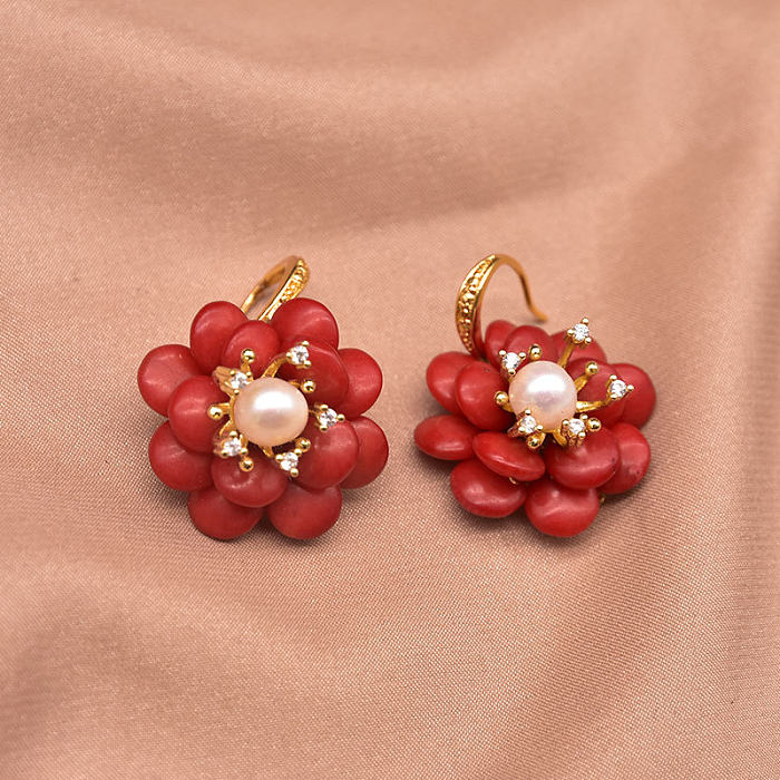 Elegant Retro Flower Copper Beaded Plating Coral Pearl 18K Gold Plated Jewelry Set