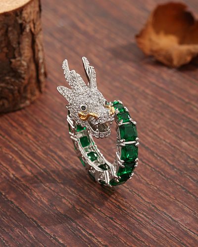 Chinoiserie Luxurious Classic Style Dragon Copper Plating Inlay Zircon 18K Gold Plated White Gold Plated Rings