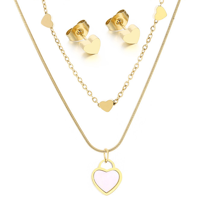 Elegante Halskette mit Ohrringen und Ohrringen in Herzform aus Titanstahl mit 18-Karat-Vergoldung