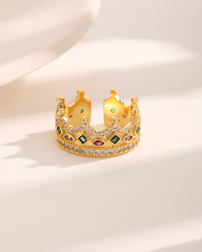 Luxurious Baroque Style French Style Crown Copper Plating Inlay Zircon 18K Gold Plated Open Rings