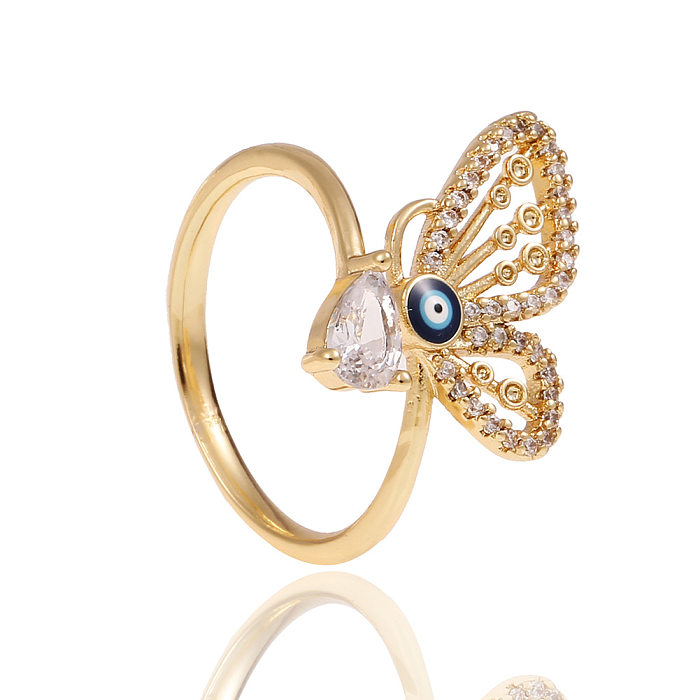Anillo abierto de cobre con estrella de ojo del diablo geométrico, anillos de cobre con revestimiento de diamantes de imitación y circonita