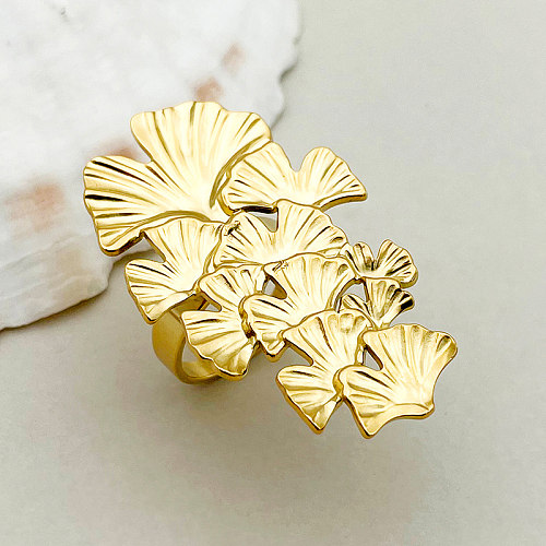 Elegant Pastoral Ginkgo Leaf Stainless Steel Polishing Plating Gold Plated Open Rings