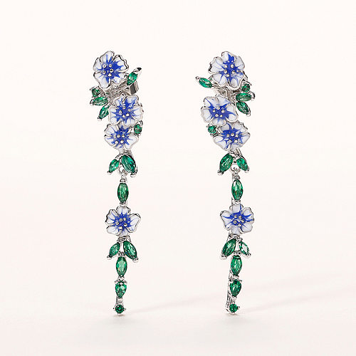 1 Pair Fairy Style Retro Flower Enamel Inlay Copper Zircon Drop Earrings