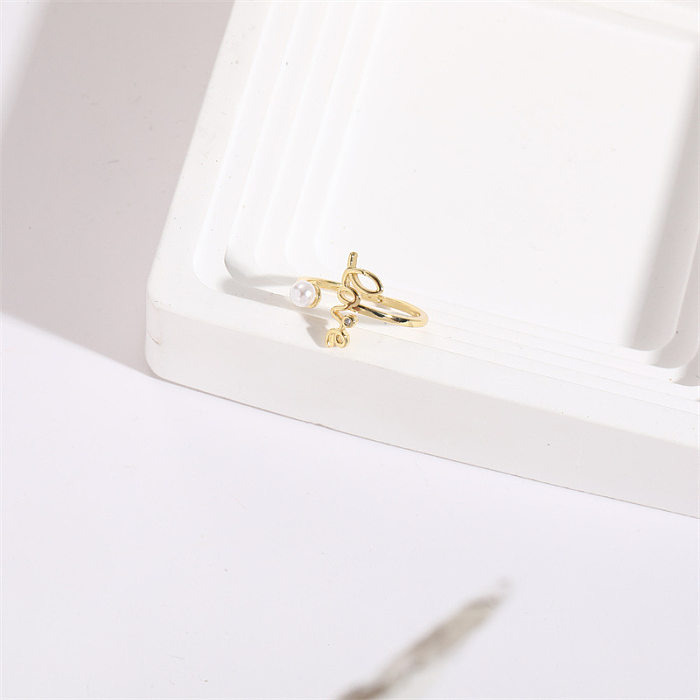 Simple Style Love Letter Copper Gold Plated Artificial Pearls Open Ring 1 Piece