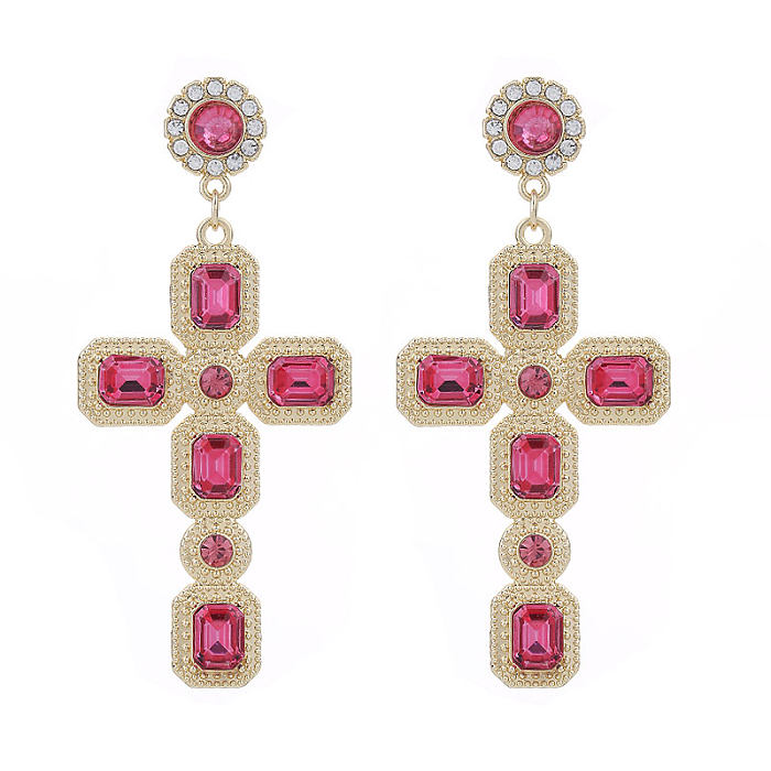 1 Pair Simple Style Cross Inlay Copper Rhinestones Drop Earrings