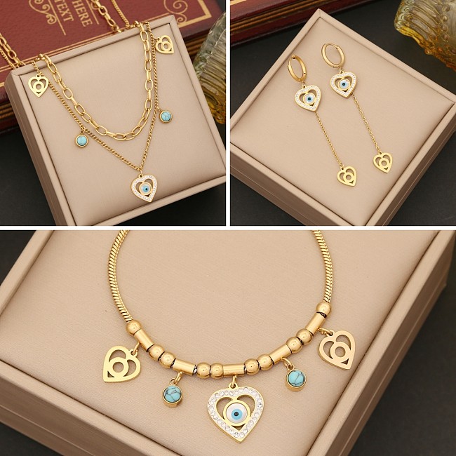 Élégant coeur forme oeil acier inoxydable placage incrustation diamant artificiel Turquoise Bracelets boucles d'oreilles collier