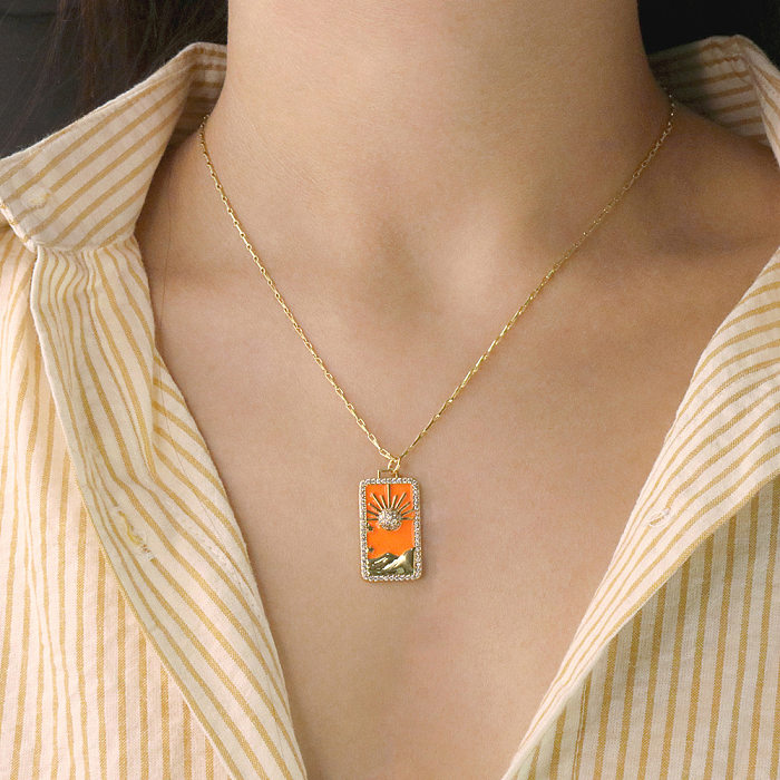 Classic Style Square Copper Enamel Plating Inlay Zircon Gold Plated Pendant Necklace