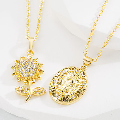 Mode Geometrische Sonnenblume Kupfer Anhänger Halskette Zirkon Kupfer Halsketten
