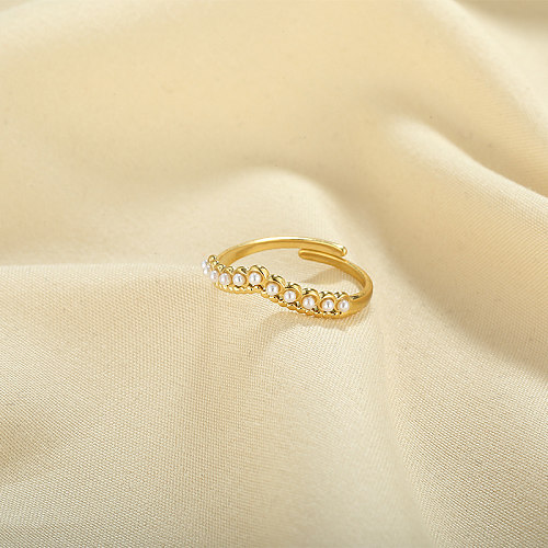 Anneau ouvert de perles artificielles plaquées or 18 carats en acier inoxydable géométrique de style simple en vrac