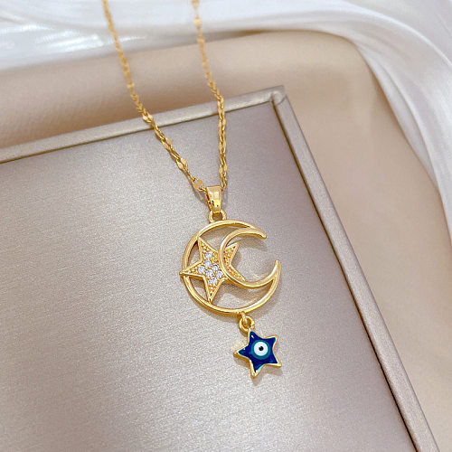 Fashion Star Moon Stainless Steel Copper Plating Zircon Pendant Necklace