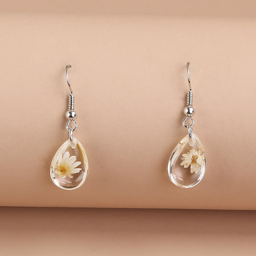 1 Pair Pastoral Water Droplets Transparent Daisy Resin Copper Drop Earrings