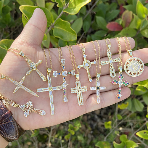 New Copper Micro-set Zircon 18K Gold Cross Pendant Necklace
